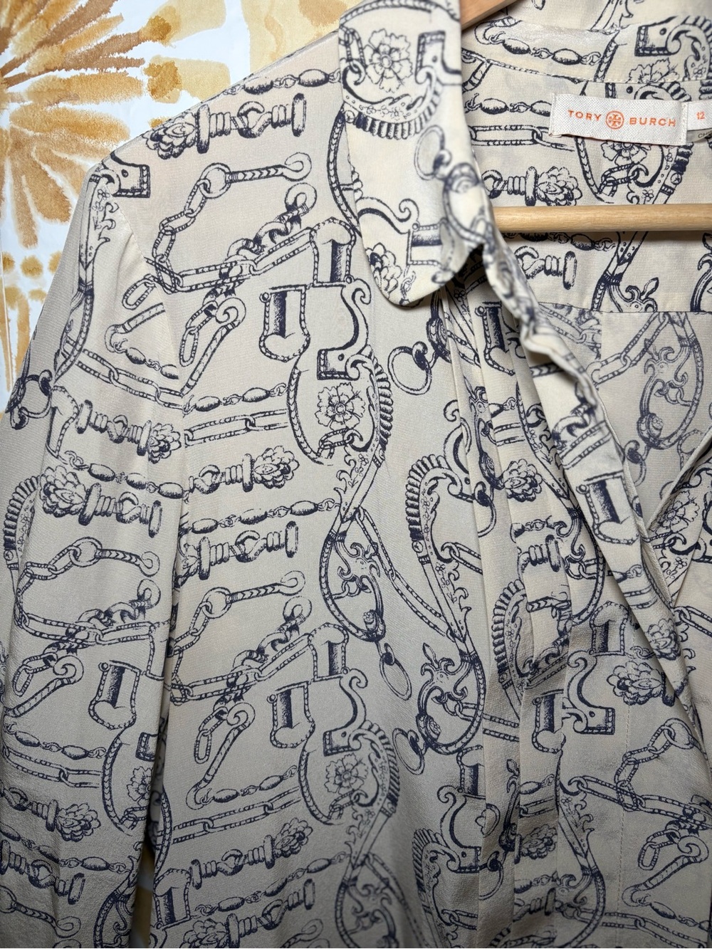 Tory Burch Equestrian Print Tunic Dress Silk Blend Cream Navy Horsebit Preppy - Picture 7 of 13